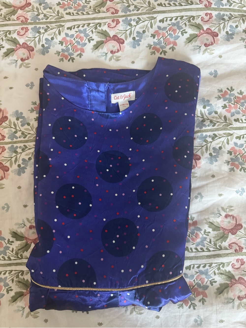 Cat & Jack Blue Purple Polka Dot Women's Blouse with Gold Trim